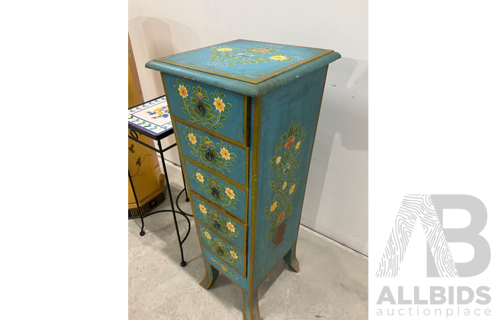 Gilt and Handpainted Octagonal Chest of Six Drawers, with Another Handpainted Example and Jardiniere Stand