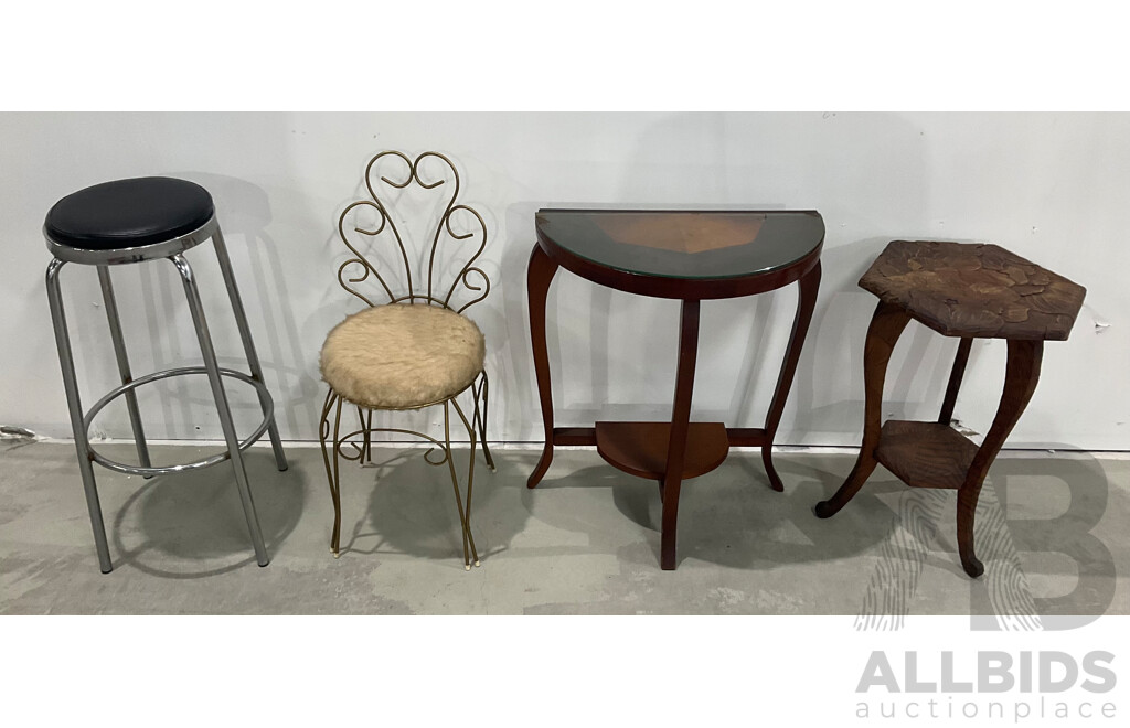 Demi Lune Side Table Together with Carved Floral Hexagonal Table, Bedroom Chair and Diner Stool - Lot of 4