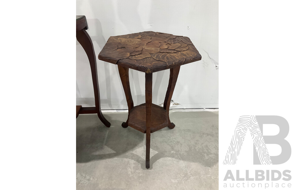 Demi Lune Side Table Together with Carved Floral Hexagonal Table, Bedroom Chair and Diner Stool - Lot of 4