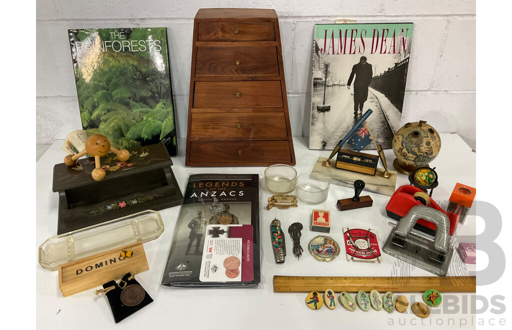 Legends of the Anzacs 2017 Coin Album, Austrtalia Commonwealth Bank 1992 80 Years Anniversary Medal, Assorted Collection of Office Supplies, Pyramid Style Desk Organiser and More