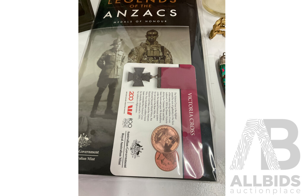 Legends of the Anzacs 2017 Coin Album, Austrtalia Commonwealth Bank 1992 80 Years Anniversary Medal, Assorted Collection of Office Supplies, Pyramid Style Desk Organiser and More