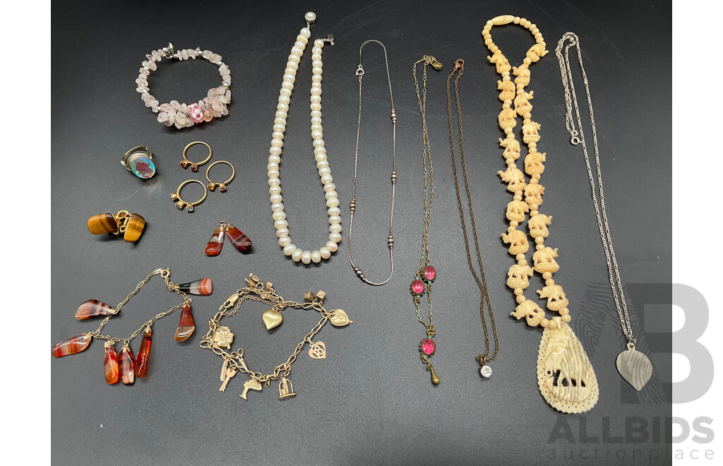 Assorted  Jewellery - Bracelets, Earrings, Necklaces, Rings Including Pearl Necklace, Bone Necklace, Silver Necklace, Agate Pendant and Bracelet and More - Lot of 15