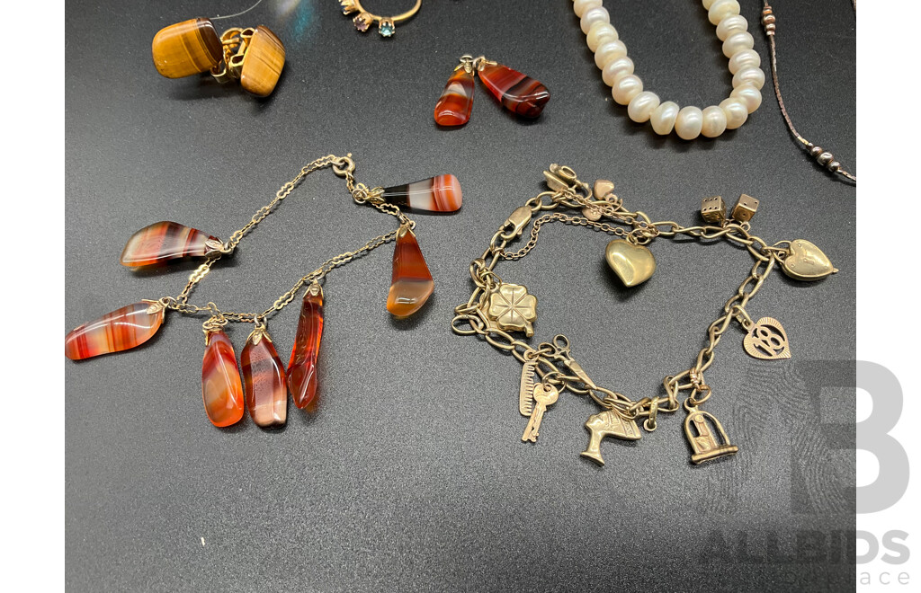 Assorted  Jewellery - Bracelets, Earrings, Necklaces, Rings Including Pearl Necklace, Bone Necklace, Silver Necklace, Agate Pendant and Bracelet and More - Lot of 15