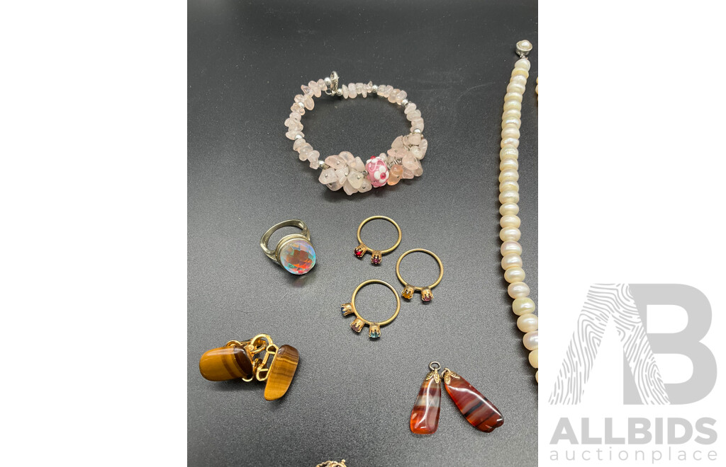 Assorted  Jewellery - Bracelets, Earrings, Necklaces, Rings Including Pearl Necklace, Bone Necklace, Silver Necklace, Agate Pendant and Bracelet and More - Lot of 15