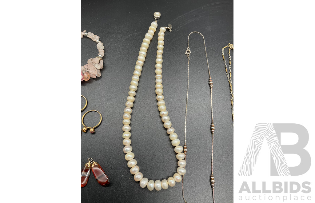 Assorted  Jewellery - Bracelets, Earrings, Necklaces, Rings Including Pearl Necklace, Bone Necklace, Silver Necklace, Agate Pendant and Bracelet and More - Lot of 15