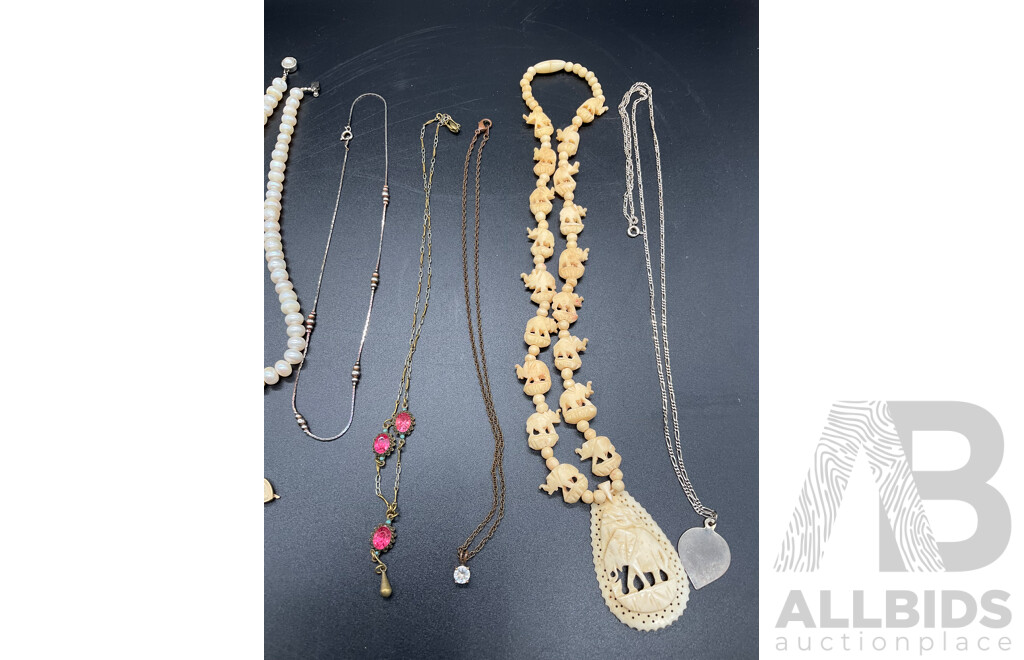 Assorted  Jewellery - Bracelets, Earrings, Necklaces, Rings Including Pearl Necklace, Bone Necklace, Silver Necklace, Agate Pendant and Bracelet and More - Lot of 15