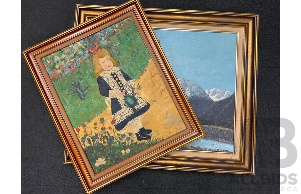 Reproduction “Girl with the Watering Can” by Renoir - Oil on Board, Richard Hansen “Mountains” Oil on Board -Lot of 2