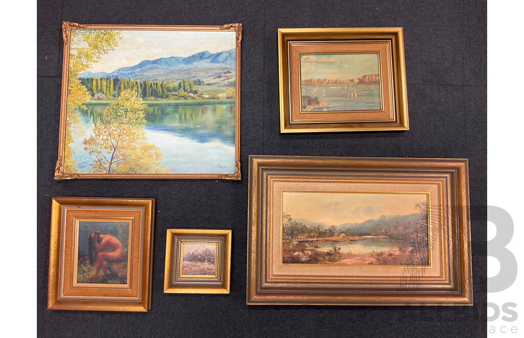 John Biasetto “Near Grafton”, Carol Dixon “Collectors”, E. Mol Dehle “Girl Drying Her Hair”, Anne Dunne “ Lake Hayes”, M. Miles “Neutral Bay”- Oil on Board, Lot of 5