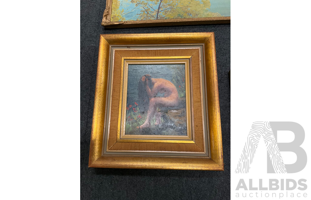 John Biasetto “Near Grafton”, Carol Dixon “Collectors”, E. Mol Dehle “Girl Drying Her Hair”, Anne Dunne “ Lake Hayes”, M. Miles “Neutral Bay”- Oil on Board, Lot of 5