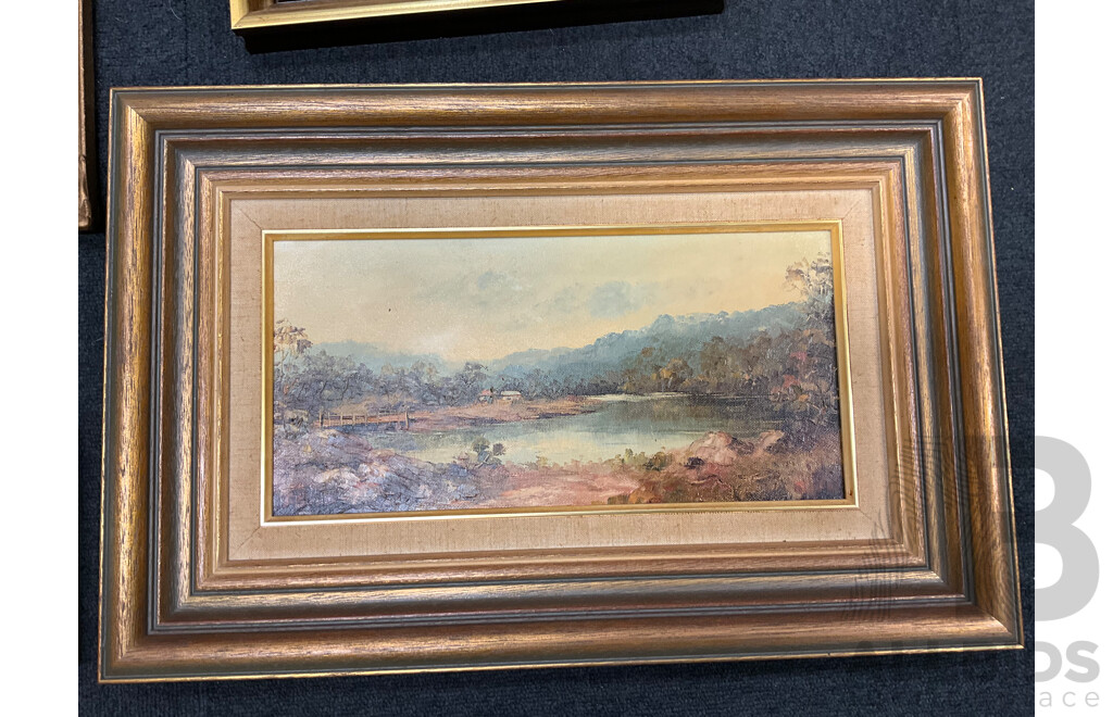 John Biasetto “Near Grafton”, Carol Dixon “Collectors”, E. Mol Dehle “Girl Drying Her Hair”, Anne Dunne “ Lake Hayes”, M. Miles “Neutral Bay”- Oil on Board, Lot of 5