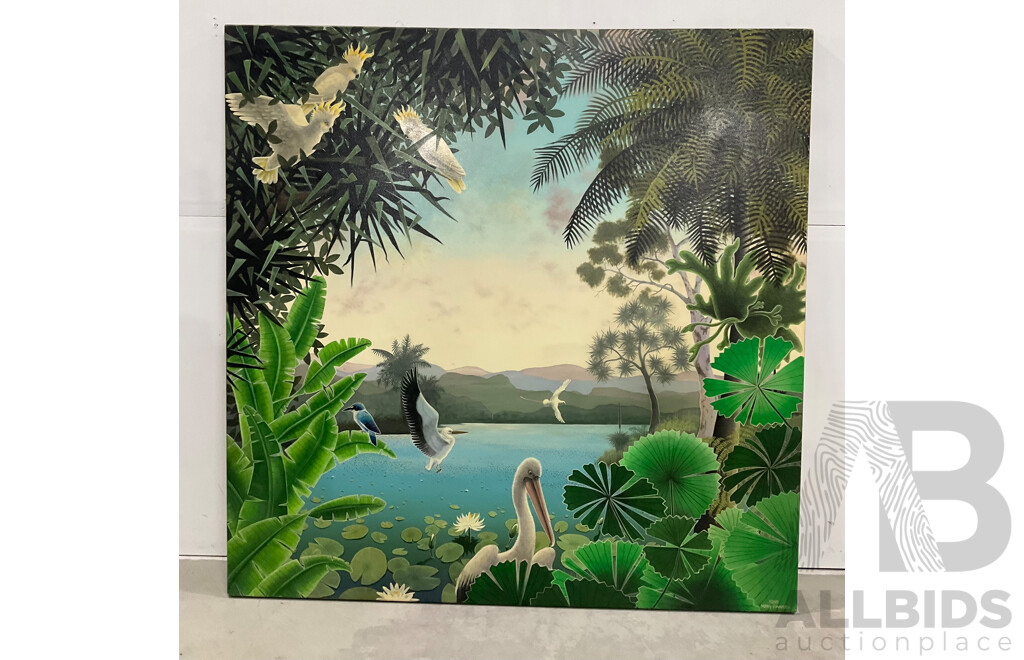 Mary Pinnock (1951-) ''Dawn on Kakadu" 1989, Acrylic on Canvas 181x181cm