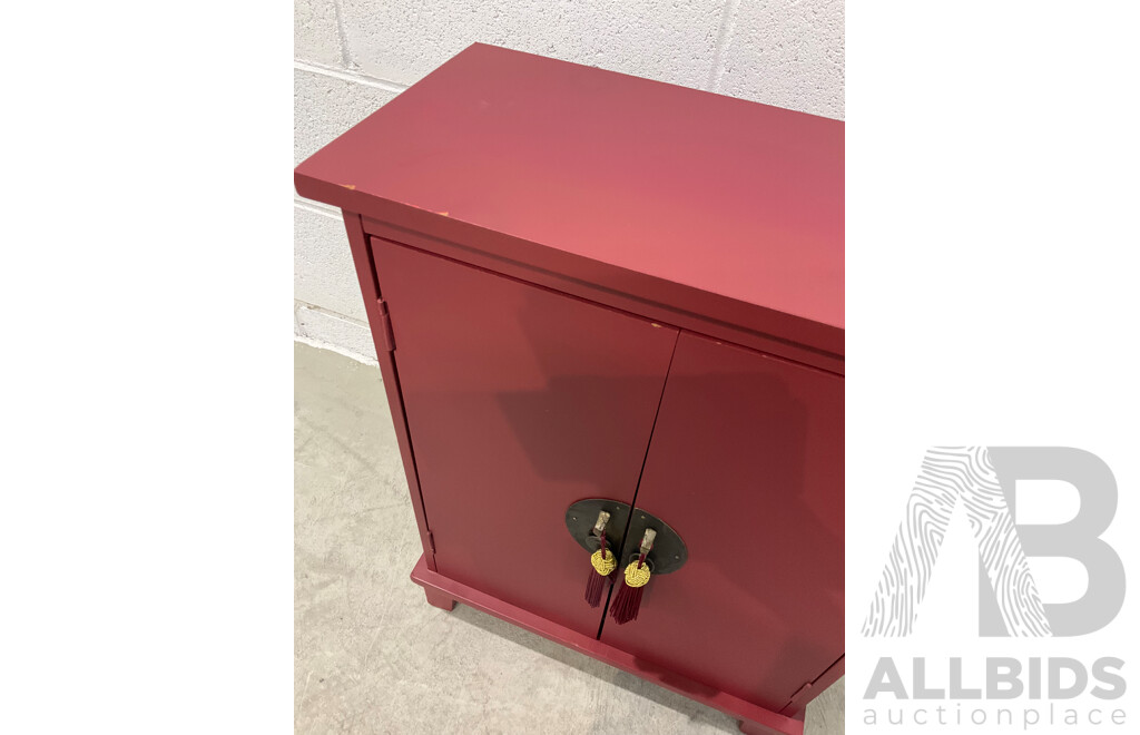 Chinese Red Lacquered Small Two-Door Bedside Cabinet (60 X 45 X 22cm)