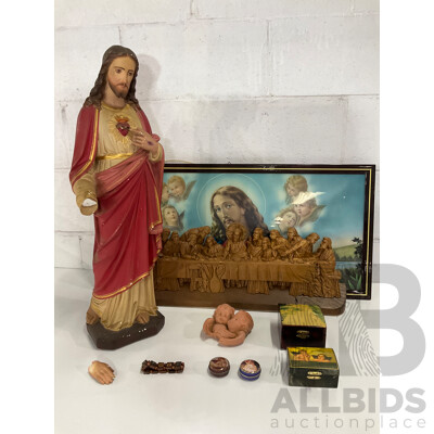 Jesus Plaster Large Statue, Hand Carved Wood the Last Supper Wall Plaque and Other Religious Items - Lot of 9