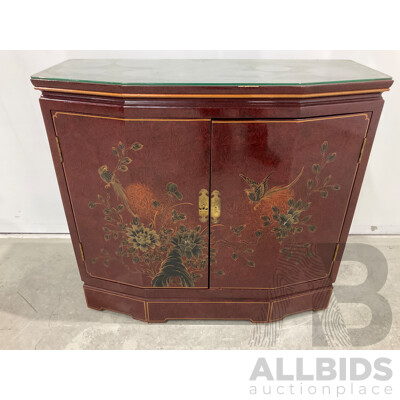 Chinese Red Lacqueer and Gilt Two Door Cabinet with Birds