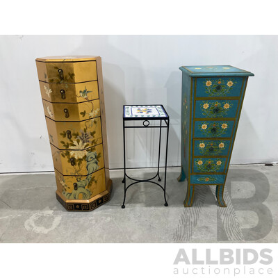Gilt and Handpainted Octagonal Chest of Six Drawers, with Another Handpainted Example and Jardiniere Stand