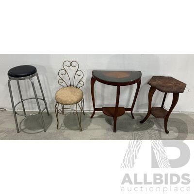 Demi Lune Side Table Together with Carved Floral Hexagonal Table, Bedroom Chair and Diner Stool - Lot of 4