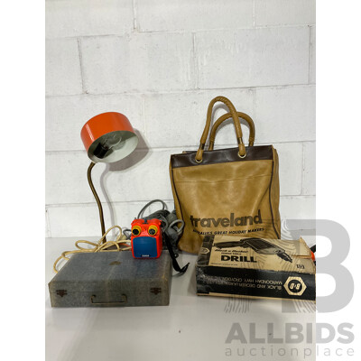 Mid-Century Burnt Orange Snake Neck Desk Lamp, Vintage OTRON Radio, BLACK & DECKER Drill, HANIMEX Projector with Slides - Lot of 5