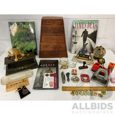 Legends of the Anzacs 2017 Coin Album, Austrtalia Commonwealth Bank 1992 80 Years Anniversary Medal, Assorted Collection of Office Supplies, Pyramid Style Desk Organiser and More