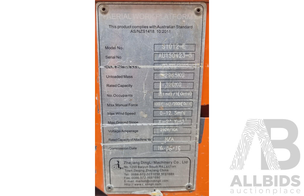 05/2015, Dingli E - Tech S1012-E, Electric Scissor Lift 10m FSV
