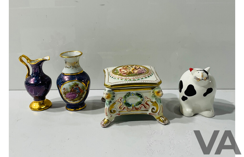 Collection of Four Interesting Ceramic Pieces Including Pair Limoges Miniature Vases, R. Capodimonte Porcelain Box and Villeroy & Boch Porcelain Cat