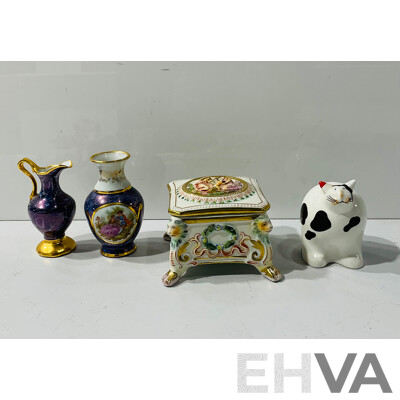 Collection of Four Interesting Ceramic Pieces Including Pair Limoges Miniature Vases, R. Capodimonte Porcelain Box and Villeroy & Boch Porcelain Cat