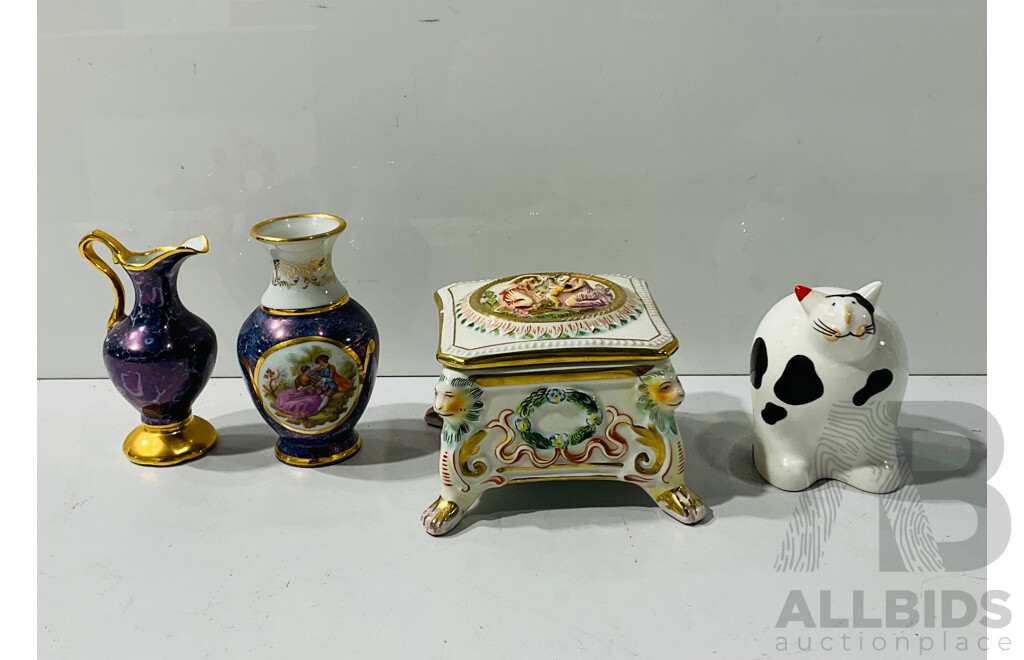 Collection of Four Interesting Ceramic Pieces Including Pair Limoges Miniature Vases, R. Capodimonte Porcelain Box and Villeroy & Boch Porcelain Cat