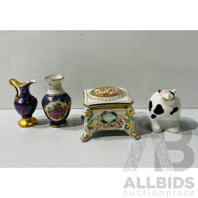 Collection of Four Interesting Ceramic Pieces Including Pair Limoges Miniature Vases, R. Capodimonte Porcelain Box and Villeroy & Boch Porcelain Cat