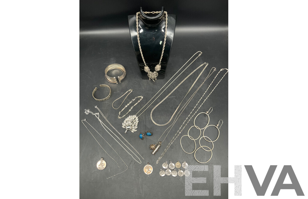 Assorted Costume Silver Tone Jewellery - Earrings, Necklace, Bracelets and Medallions - Lot of 24