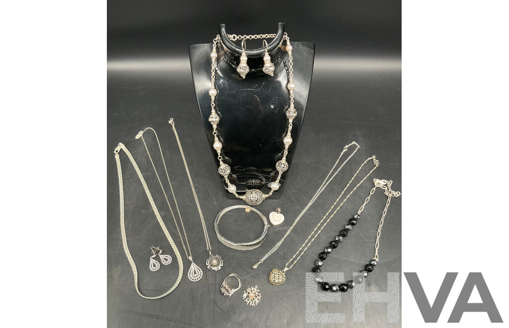 Collection of Stering Silver Jewellery - Including Pearl Silver Necklace and Earrings, Ring Set, Sterling Silver Cubic Zirconia Bangle and More  - Lot of 11