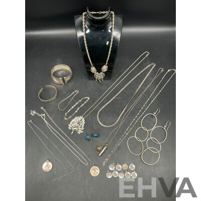 Assorted Costume Silver Tone Jewellery - Earrings, Necklace, Bracelets and Medallions - Lot of 24