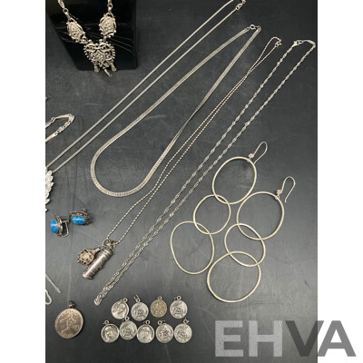 Assorted Costume Silver Tone Jewellery - Earrings, Necklace, Bracelets and Medallions - Lot of 24