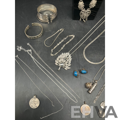 Assorted Costume Silver Tone Jewellery - Earrings, Necklace, Bracelets and Medallions - Lot of 24