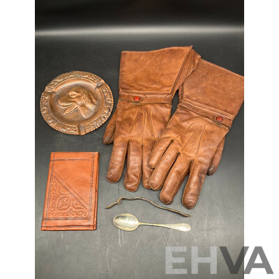 Motorcycle / Driving Gloves -  Leather Lined with Rabbit Fur, Leather Wallet and More  - Lot of 5