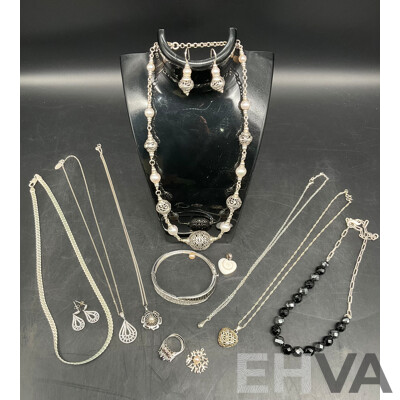 Collection of Stering Silver Jewellery - Including Pearl Silver Necklace and Earrings, Ring Set, Sterling Silver Cubic Zirconia Bangle and More  - Lot of 11