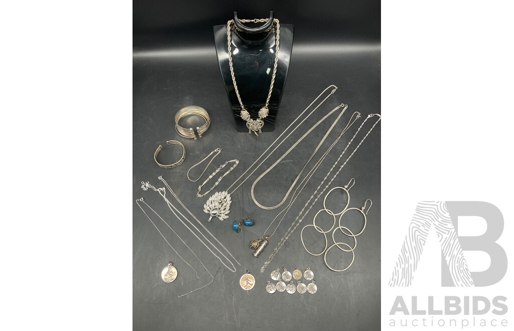 Assorted Costume Silver Tone Jewellery - Earrings, Necklace, Bracelets and Medallions - Lot of 24