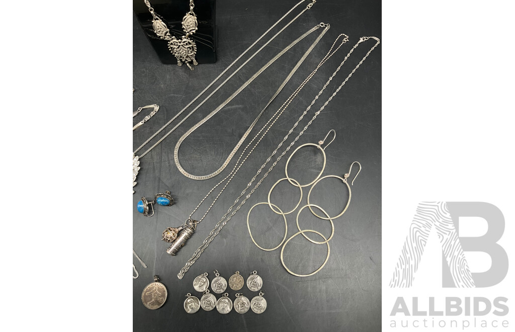Assorted Costume Silver Tone Jewellery - Earrings, Necklace, Bracelets and Medallions - Lot of 24