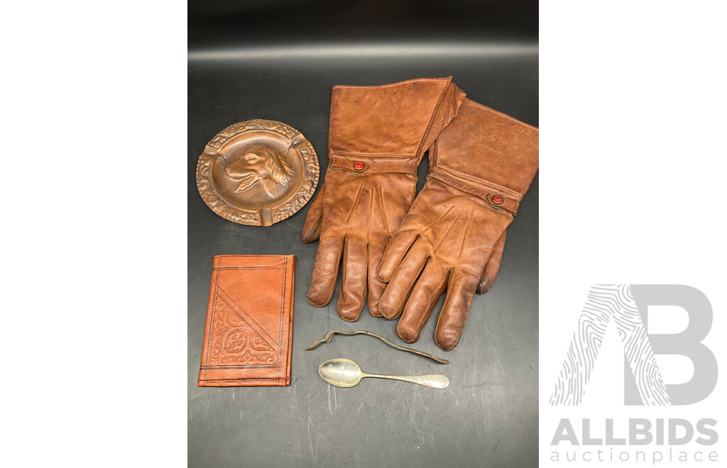 Motorcycle / Driving Gloves -  Leather Lined with Rabbit Fur, Leather Wallet and More  - Lot of 5