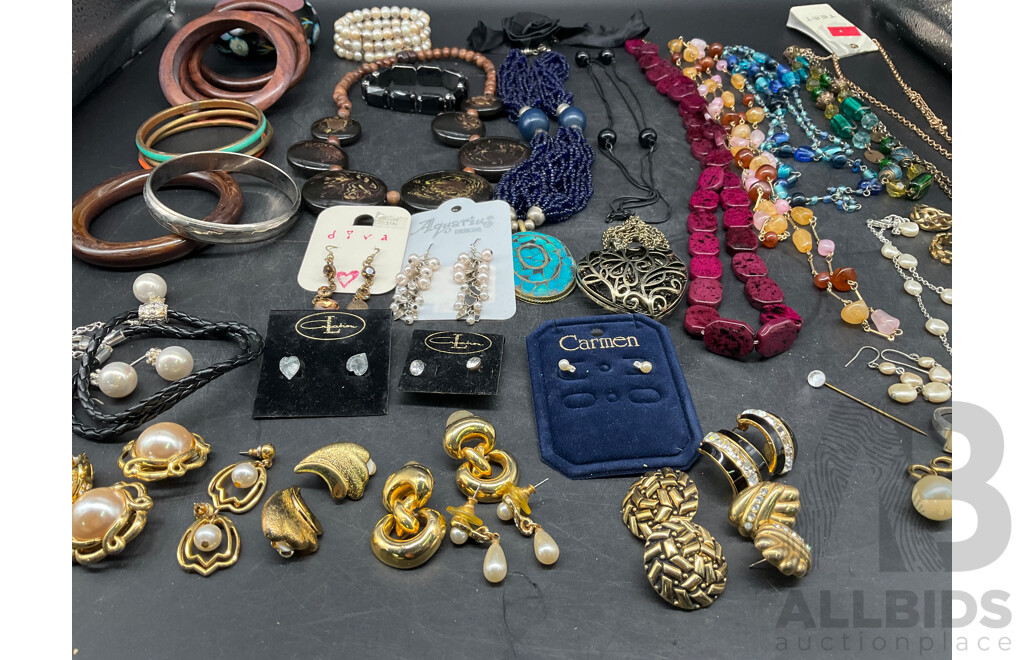 Assorted Costume Jewellery - Bracelets, Earrings, Necklaces, Rings and More   - Lot of 45