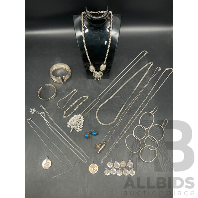 Assorted Costume Silver Tone Jewellery - Earrings, Necklace, Bracelets and Medallions - Lot of 24