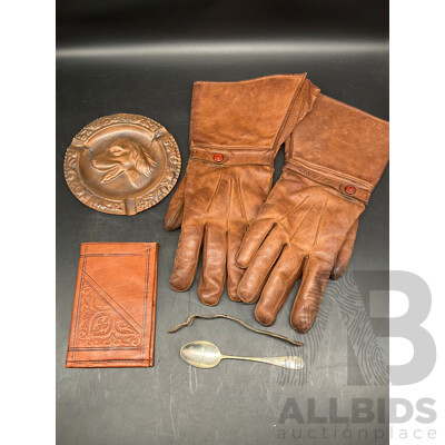 Motorcycle / Driving Gloves -  Leather Lined with Rabbit Fur, Leather Wallet and More  - Lot of 5