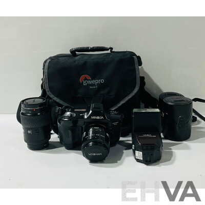 Minolta Dynax 9xi Film Camera with Hand Strap, Origianl Box, Lowepro Case and Two Minolta Lenses with Cases & One Other Minolta Lens