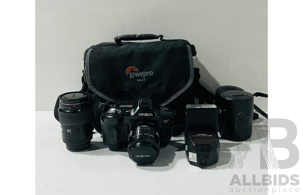 Minolta Dynax 9xi Film Camera with Hand Strap, Origianl Box, Lowepro Case and Two Minolta Lenses with Cases & One Other Minolta Lens
