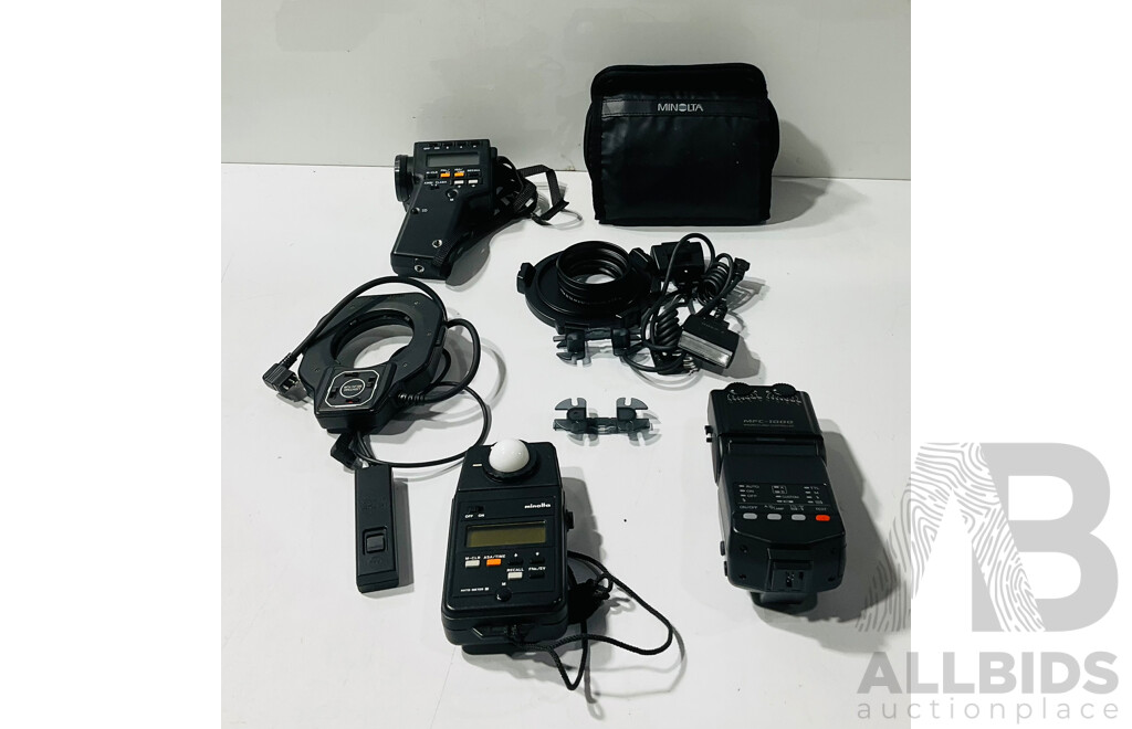 Collection Six Minolta Camera Accessories Including Light Auto Meter, Ring Flash and More