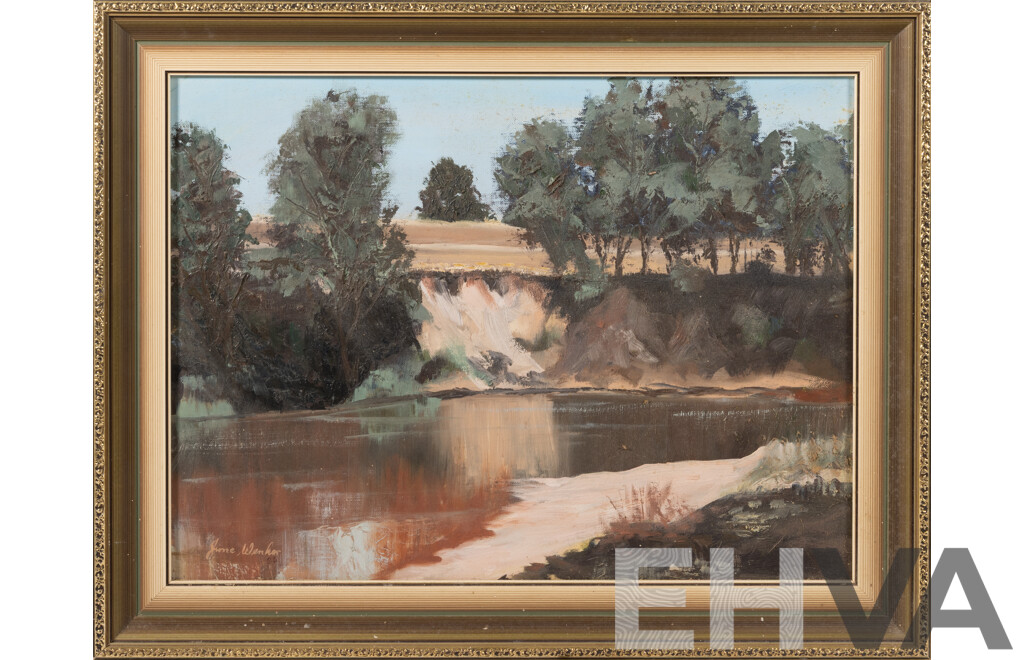 June Wenker, (20th Century, Australian, 1920-2016), Yarra River, Original Oil on Canvas Board, 38 x 48 cm (frame)