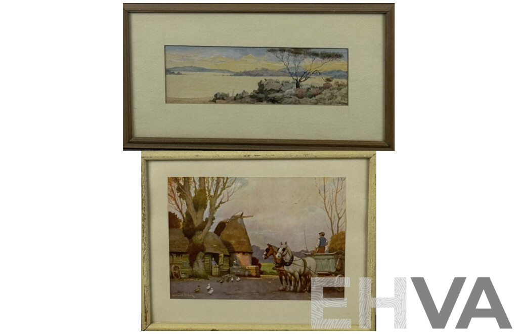 Artists Unknown, (Early 20th Centuries), Dry River Bed, Antique Watercolour 21 x 38 cm (frame) & Ponies by Thatched Cottage, Antique Colour Print, 22 x 27 cm (frame) (2)