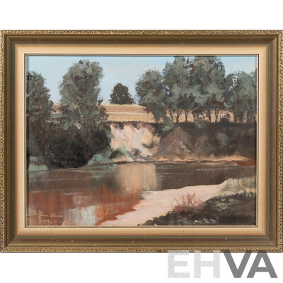 June Wenker, (20th Century, Australian, 1920-2016), Yarra River, Original Oil on Canvas Board, 38 x 48 cm (frame)