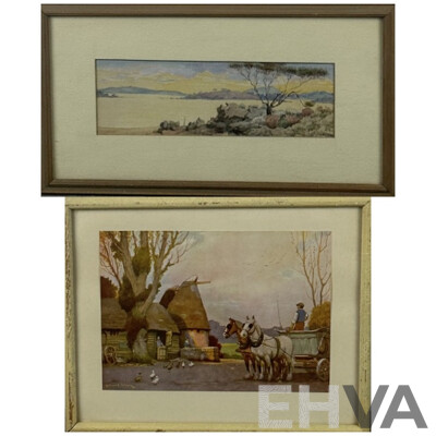 Artists Unknown, (Early 20th Centuries), Dry River Bed, Antique Watercolour 21 x 38 cm (frame) & Ponies by Thatched Cottage, Antique Colour Print, 22 x 27 cm (frame) (2)