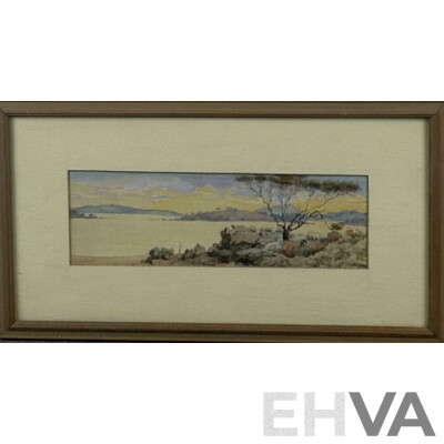 Artists Unknown, (Early 20th Centuries), Dry River Bed, Antique Watercolour 21 x 38 cm (frame) & Ponies by Thatched Cottage, Antique Colour Print, 22 x 27 cm (frame) (2)