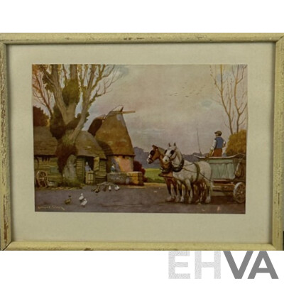 Artists Unknown, (Early 20th Centuries), Dry River Bed, Antique Watercolour 21 x 38 cm (frame) & Ponies by Thatched Cottage, Antique Colour Print, 22 x 27 cm (frame) (2)