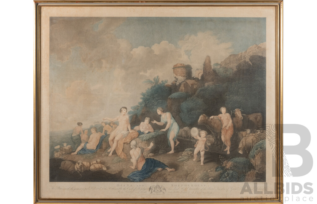 After Christian Wilhelm Ernst Dietrich, (18th Century, German, 1712-1774), Diana & Sheperdess, Hand Coloured Antique Engraving, 69 x 84 cm (frame)